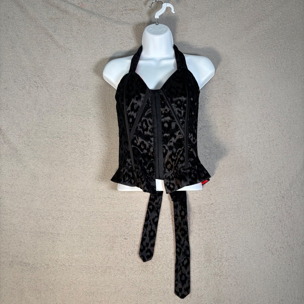 NWT Living Dead Souls Black Leopard Burnout Halter Corset Top Ruffle‎ Tie Gothic